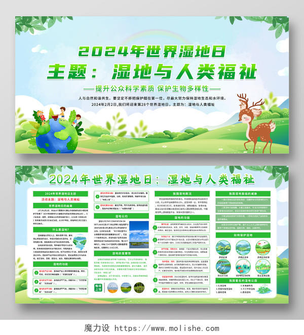 绿色清新简约2024年世界湿地日宣传栏展板设计
